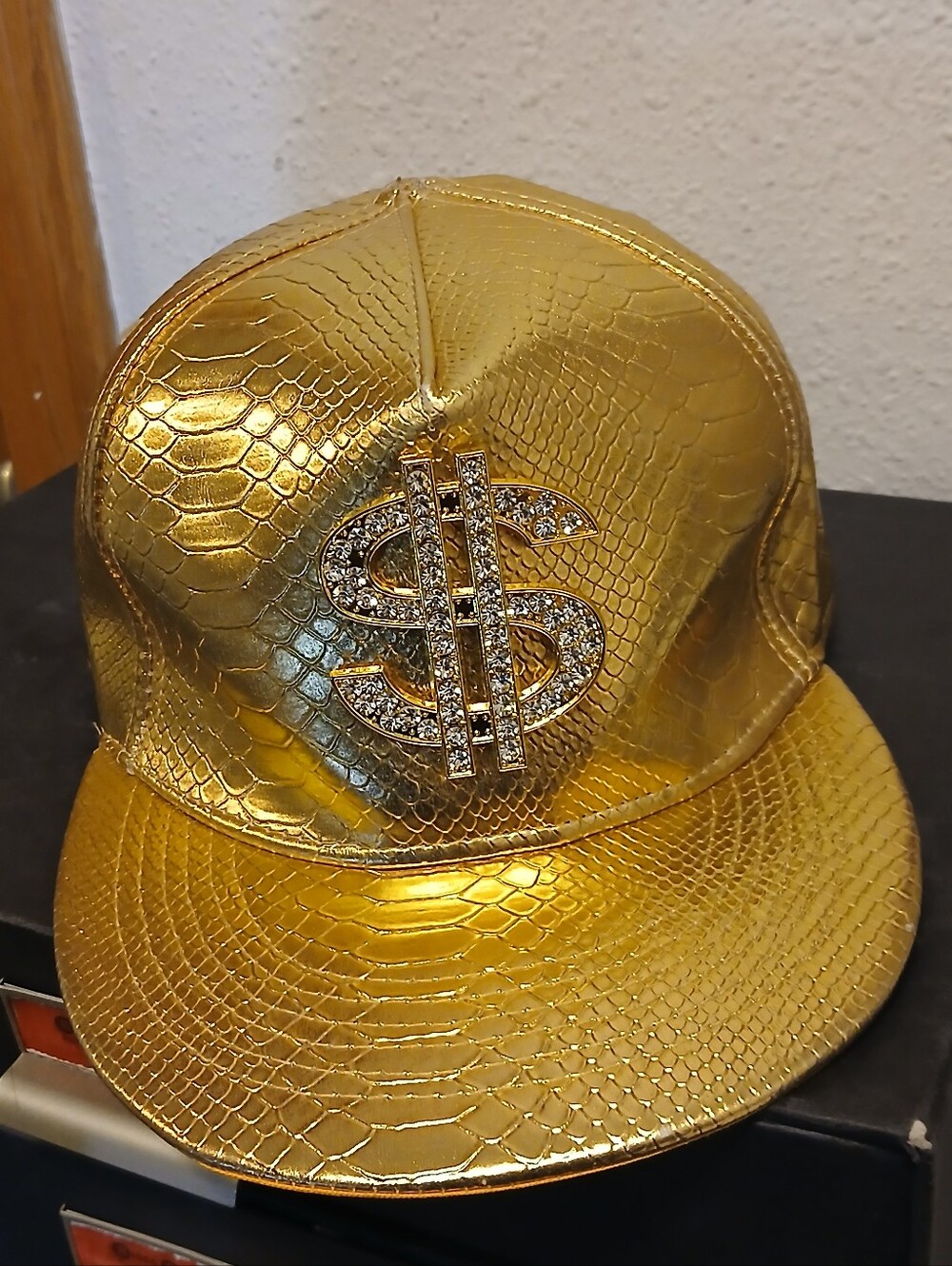 V2K Gold Dollar Sign Snapback Cap Rhinestone Metallic Croc Embossed Hat
